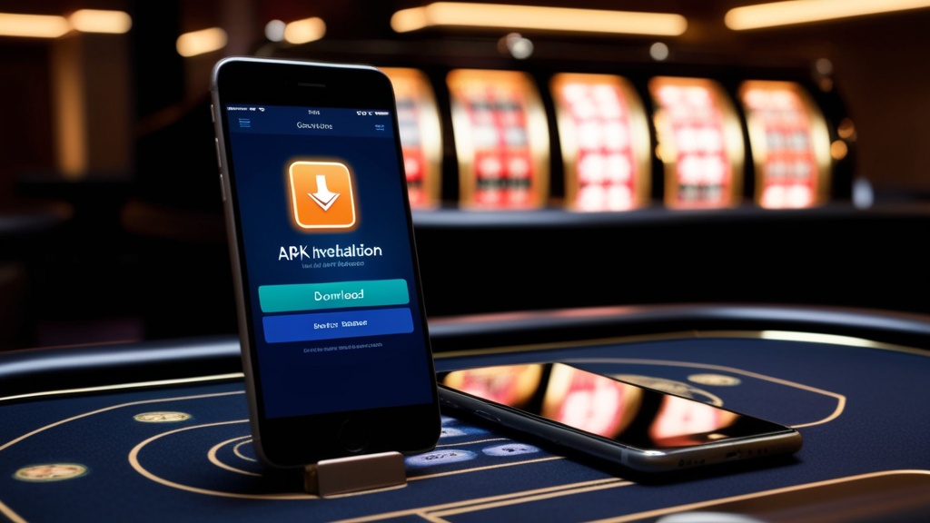 هاتف يعرض شاشة تثبيت APK داخل أجواء كازينو داكنة